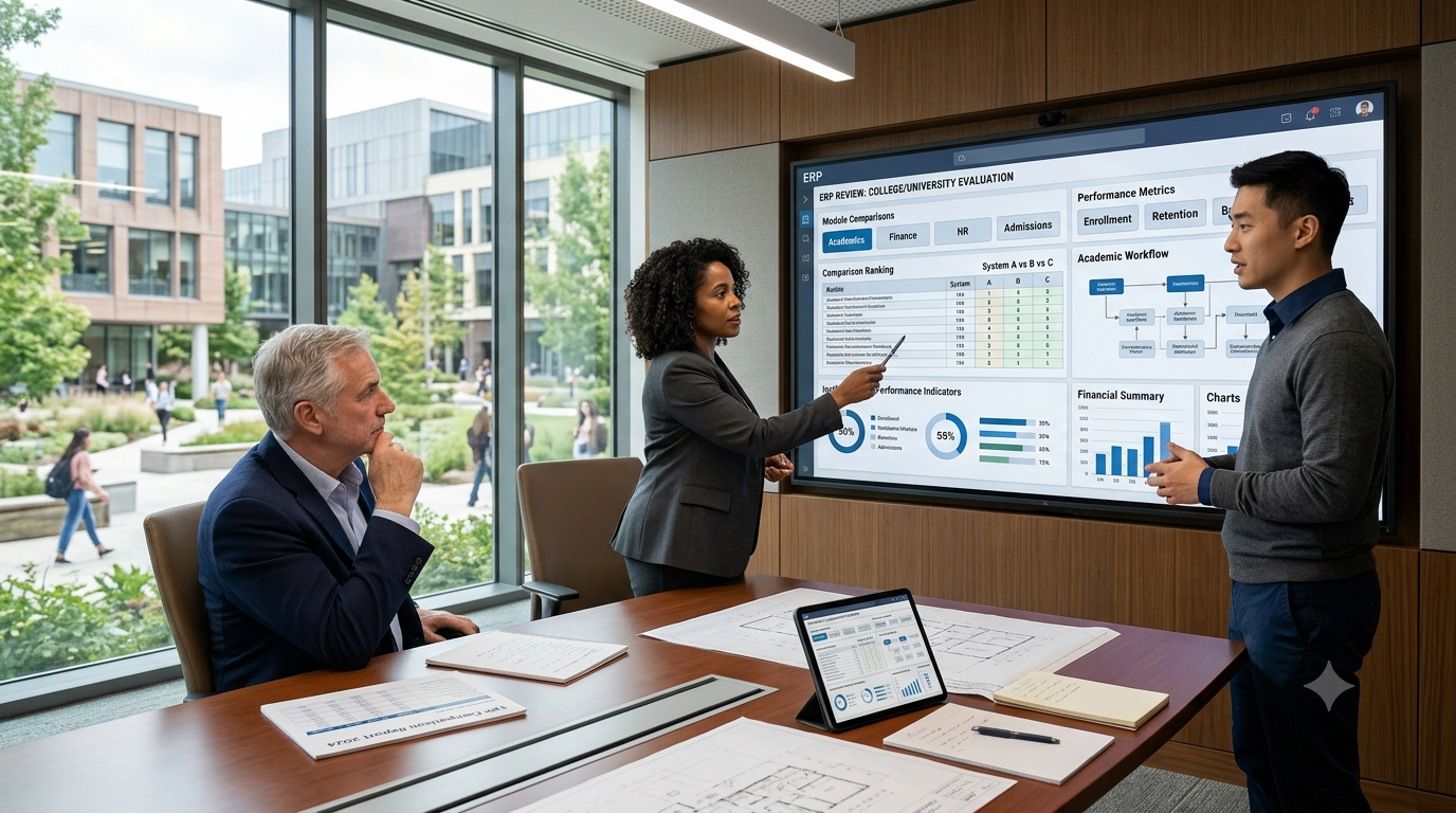 University leadership team reviewing education ERP software and institutional workflows.